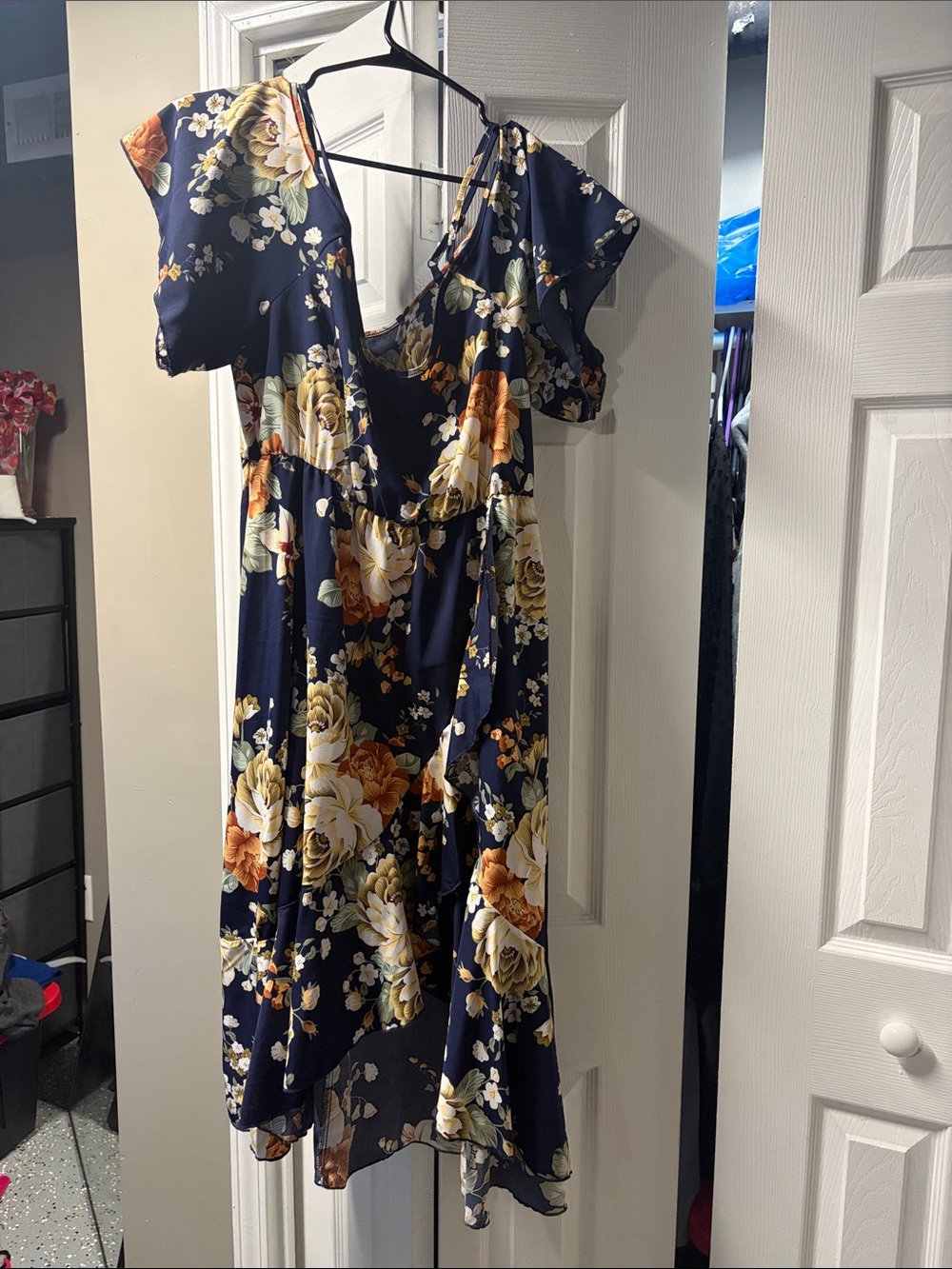 Navy Floral Midi Dress with Ruffled Sleeves